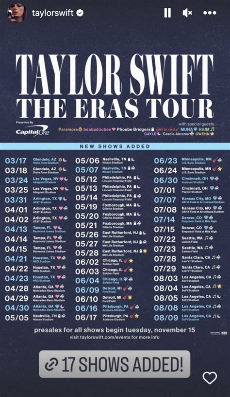 Taylor Swift’s ‘The Eras Tour’ concert film is coming to movie theaters Oct. 13 - Daily Breeze Thu, 31 Aug 2023 07:00:00 GMT - read more » The Eras Tour: Taylor Swift adds 15 additional shows in 2024 - FOX 32 Chicago Thu, 03 Aug 2023 07:00:00 GMT - read more » Taylor Swift Adds 9 Dates To 'Eras Tour,' Including Another Night At SoFi Stadium - …